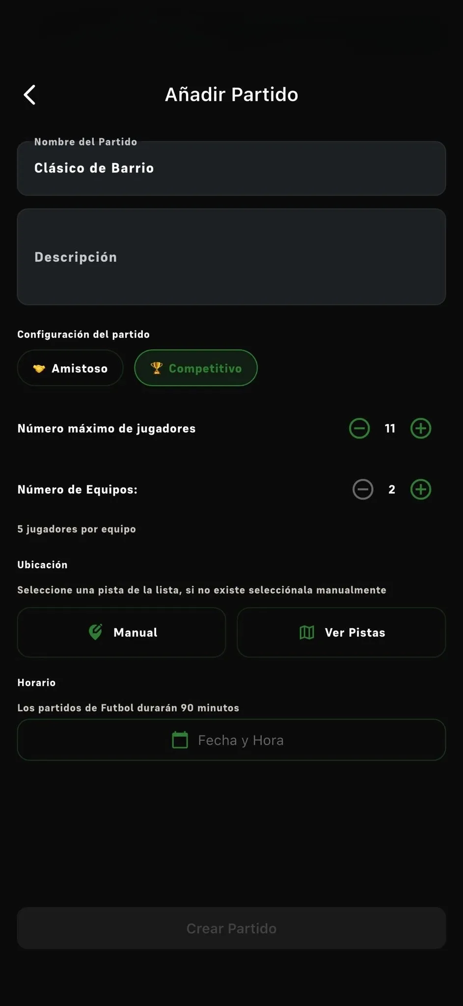 Pantalla para crear partidos en XOGA